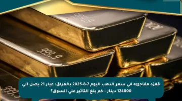 قفزة مفاجئة في سعر الذهب اليوم 7-8-2025 بالعراق: عيار 21 يصل إلى 124800 دينار – كم بلغ التأثير على السوق؟